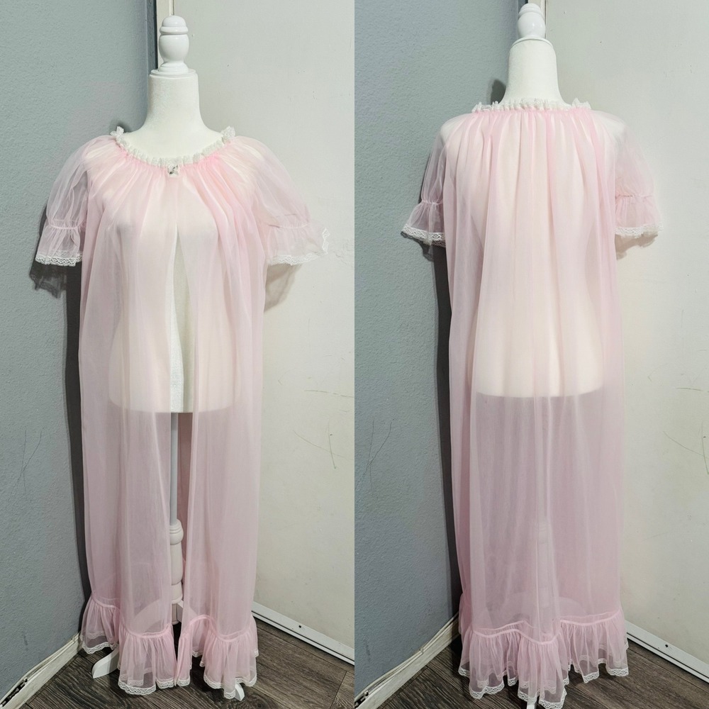 Vintage Pink Sheer Peignoir Robe Lace Trim Ruffle Hem Full Length Sz M Victorian